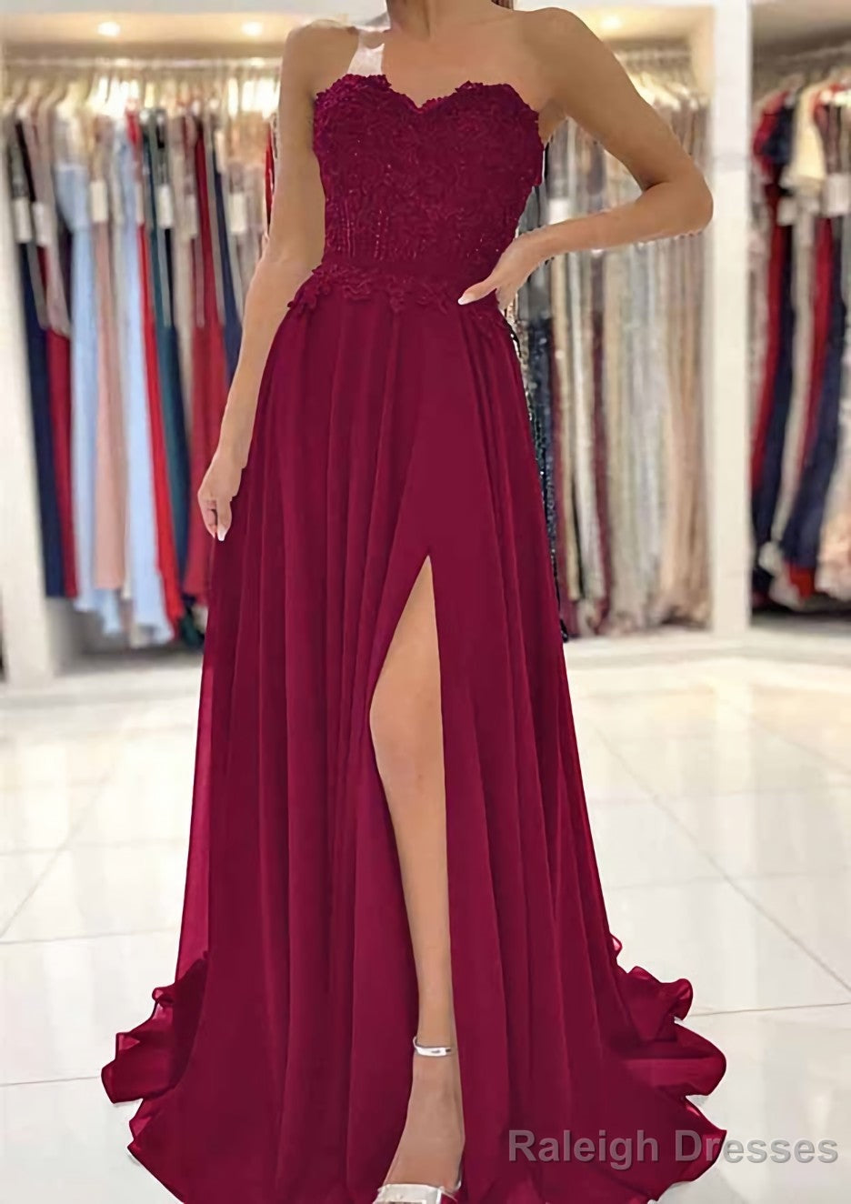 A Line Sweetheart Sweep Train Chiffon Prom Dress With Lace Beading Split