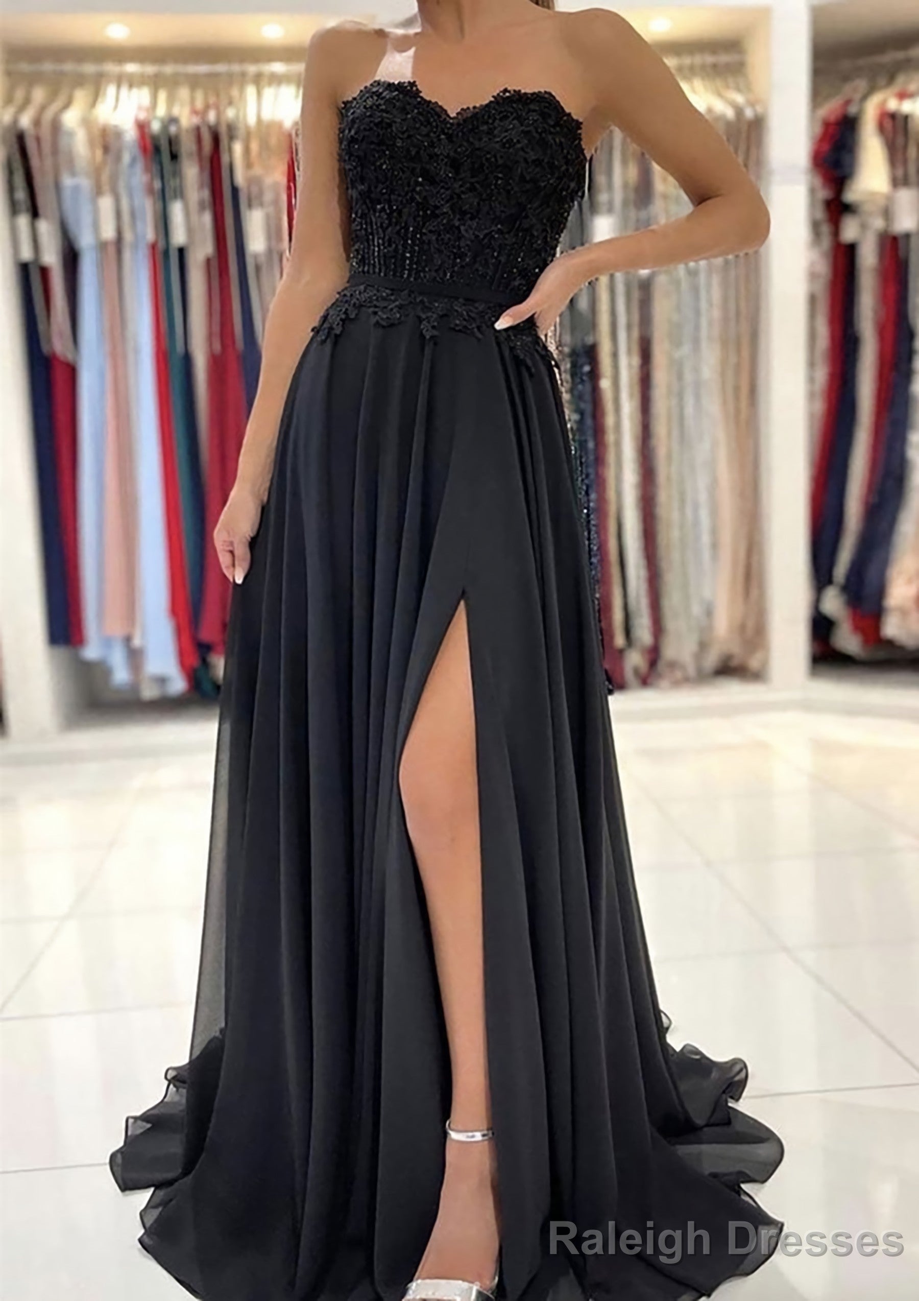 A Line Sweetheart Sweep Train Chiffon Prom Dress With Lace Beading Split Main image