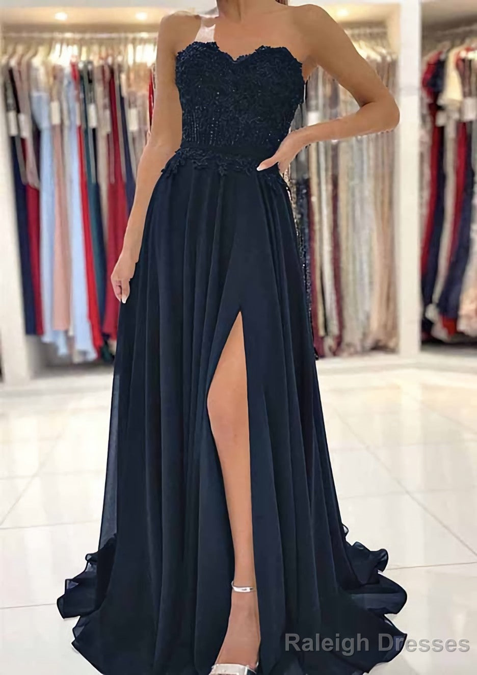 A Line Sweetheart Sweep Train Chiffon Prom Dress With Lace Beading Split Secondary image