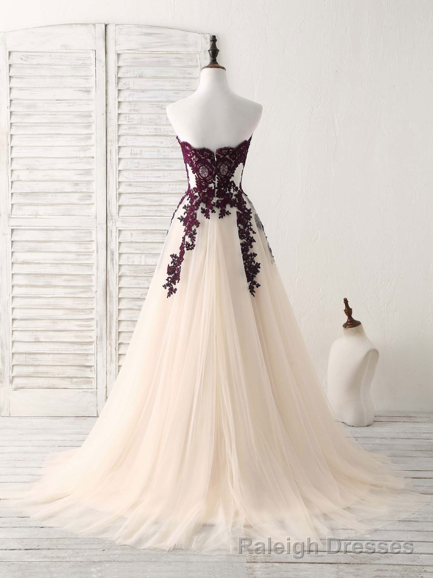 A Line Sweetheart Tulle Lace Applique Burgundy Long Prom Dress, Bridesmaid Dress Secondary image
