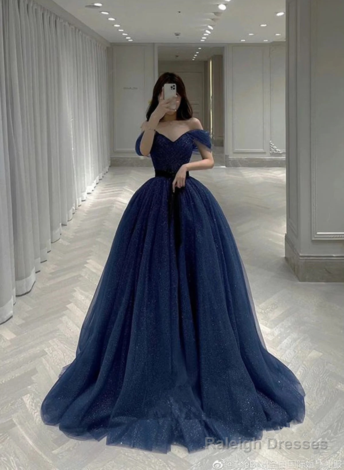A-Line Sweetheart Tulle Navy Blue Shiny Tulle Party Dress, Blue Long Formal Dress Main image