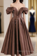 A Line Tea length Brown Prom dresses, Off Shoulder Brown Formal Dress with Beading