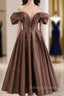 A Line Tea length Brown Prom dresses, Off Shoulder Brown Formal Dress with Beading