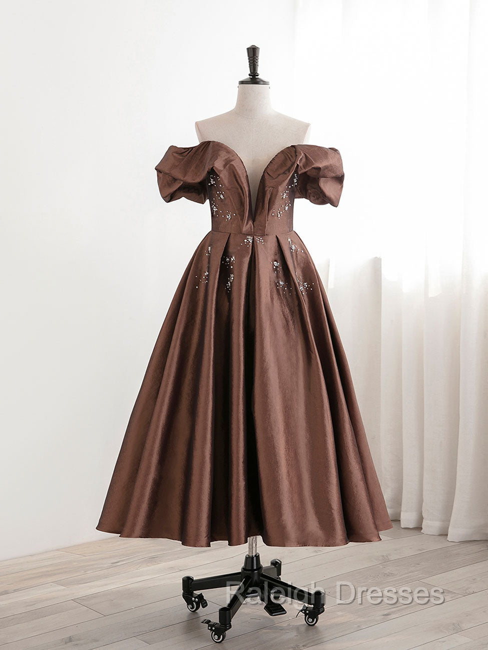 A-Line Tea length Brown Prom dresses, Off Shoulder Brown Formal Dress with Beading Main image
