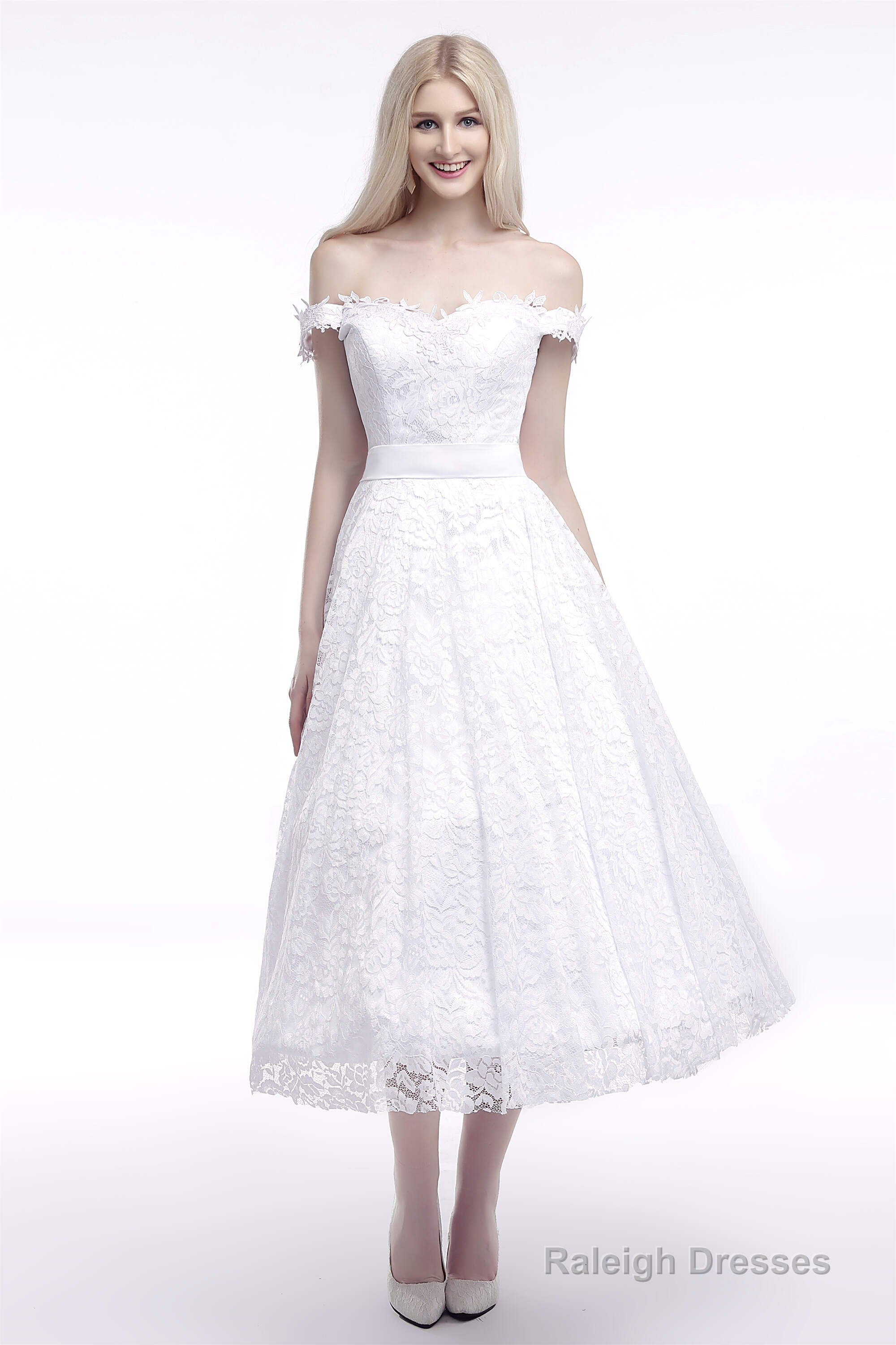 A Line Tea Length Lace Off Shoulder Mid-length Wedding Dresses