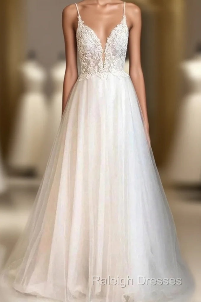 A-Line Thin Shoulder Strap Beach Wedding Dresses Lace And Floor Length Wedding Dresses Main image