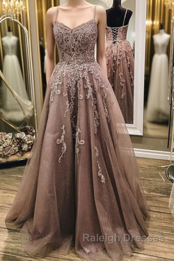 A Line Thin Strap Lace Long Prom Dresses Lace Prom Dresseses Main image