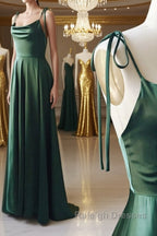A Line Thin Straps Green Long Prom Dresses, Green Formal Graduation Evening Dresses