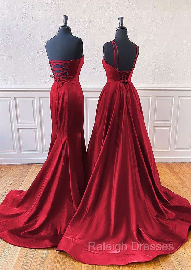 A-Line Trumpet/Mermaid Sleeveless Sweep Train Satin Prom Dress With Sp ...