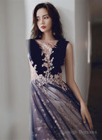 A-Line Tulle And Velvet Long Party Dress, Long Evening Dress With Lace