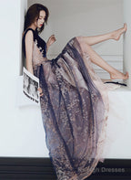 A-Line Tulle And Velvet Long Party Dress, Long Evening Dress With Lace