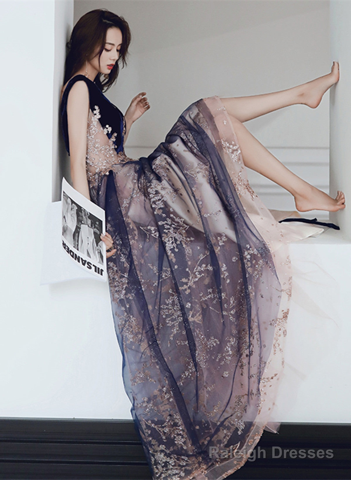 A-Line Tulle And Velvet Long Party Dress, Long Evening Dress With Lace