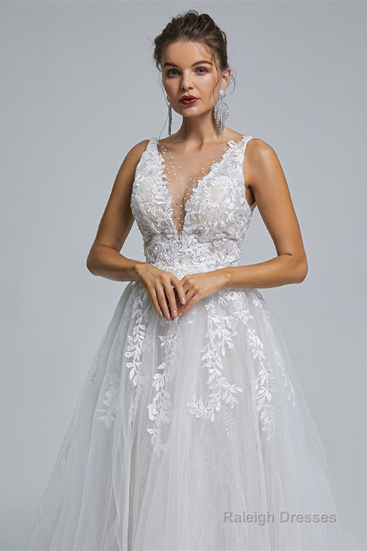 A-Line tulle applique sleeveless floor length wedding dress Main image
