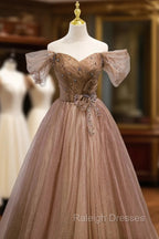 A-Line Tulle Beaded Long Formal Dress, Off the Shoulder Evening Dress
