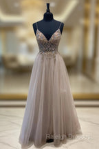 A-Line Tulle Beaded Long Prom Dress, Cute V-Neck Evening Party Dress