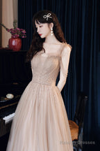 A-Line Tulle Beaded Long Prom Dress, Evening Party Dress