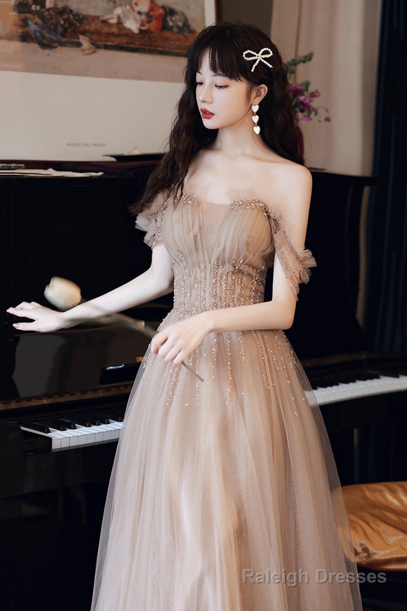 A-Line Tulle Beaded Long Prom Dress, Evening Party Dress