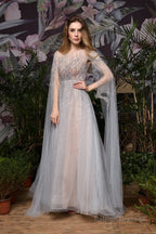 A-Line Tulle Beading Handwork Long Sleeves Prom Dresses