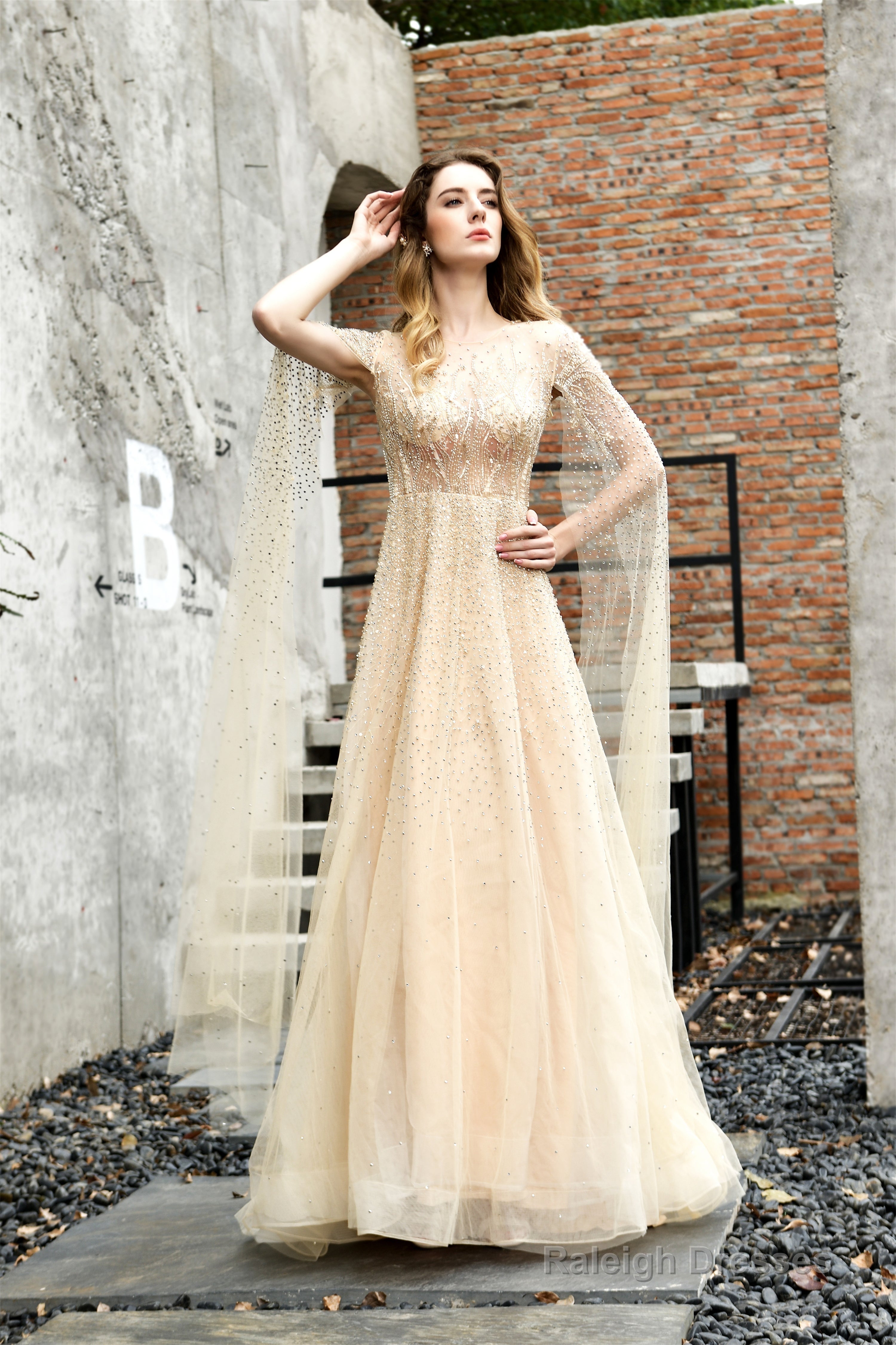 A-Line Tulle Beading Handwork Long Sleeves Prom Dresses Secondary image