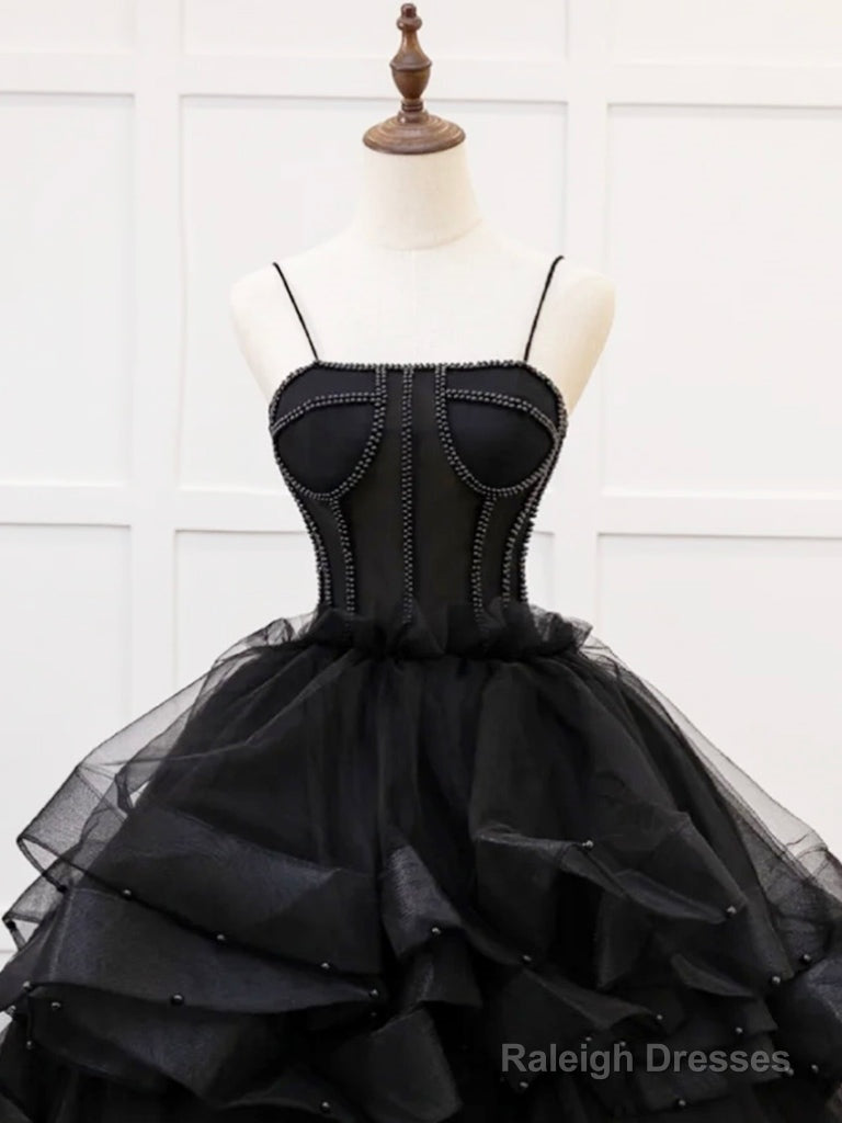 A-Line Tulle Beads Black Long Prom Dress, Black Sweet 16 Dress Secondary image
