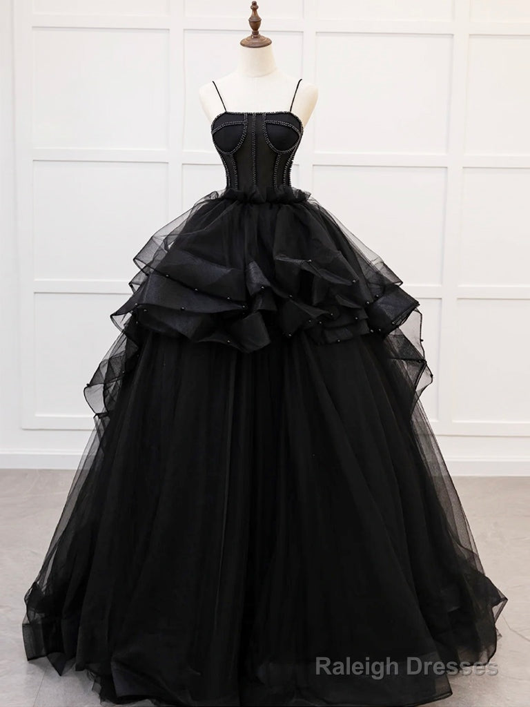 A-Line Tulle Beads Black Long Prom Dress, Black Sweet 16 Dress Main image