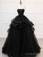 A-Line Tulle Beads Black Long Prom Dress, Black Sweet 16 Dress