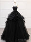 A-Line Tulle Beads Black Long Prom Dress, Black Sweet 16 Dress