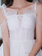 A-Line Tulle Beads White Short Prom Dress, White Homecoming Dress