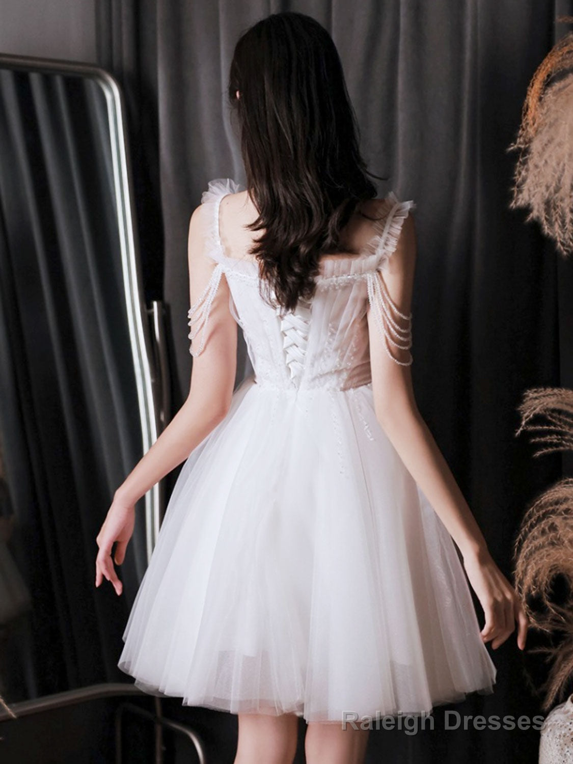 A-Line Tulle Beads White Short Prom Dress, White Homecoming Dress
