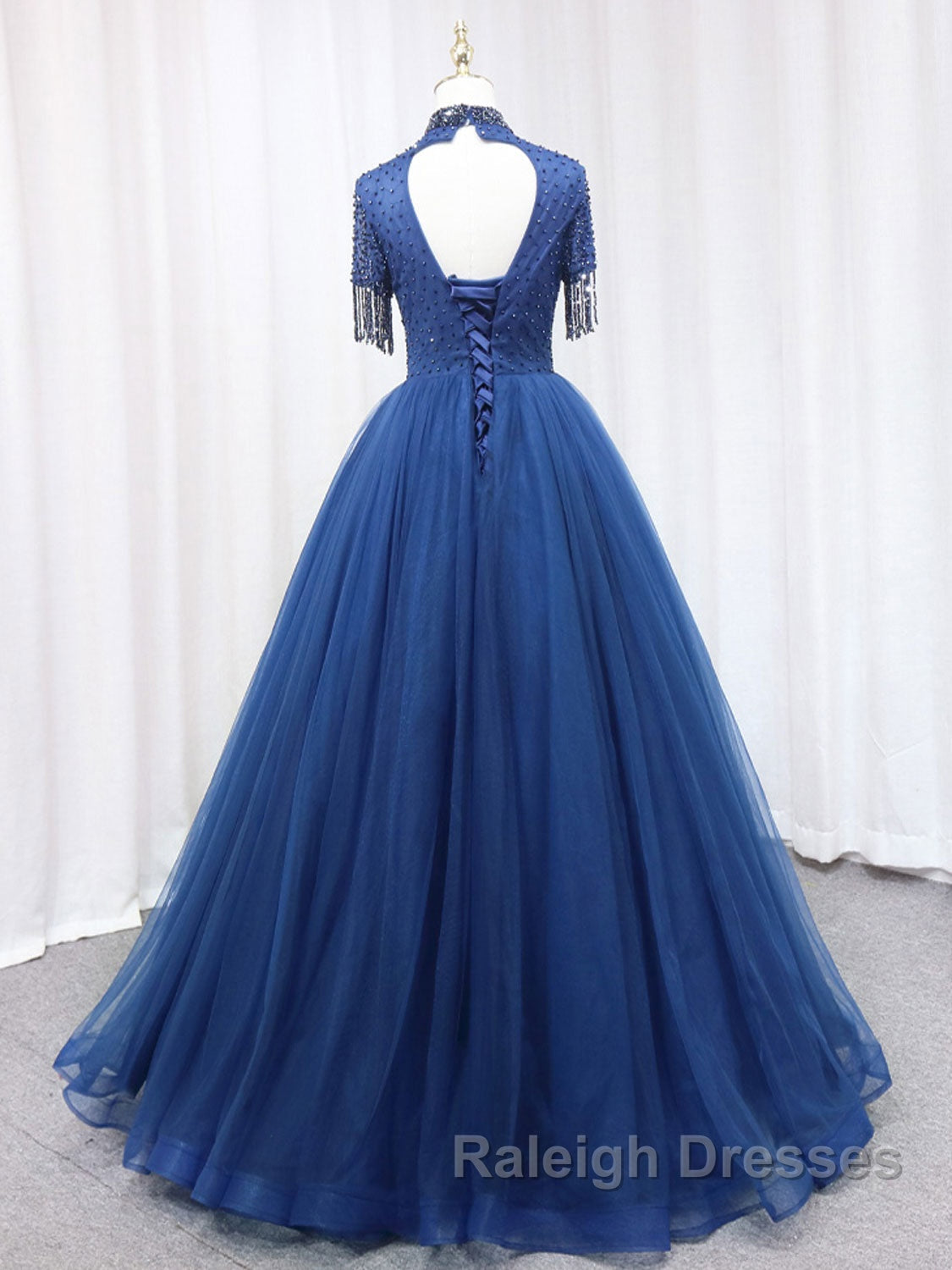 A-Line Tulle Blue Long Prom Dress, Blue Formal Evening Dress with Beading Main image
