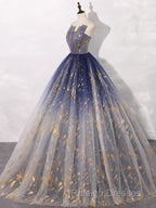 A-Line Tulle Blue Long Prom Dress, Blue Tulle Long Evening Dresses