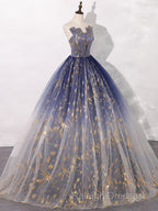 A-Line Tulle Blue Long Prom Dress, Blue Tulle Long Evening Dresses