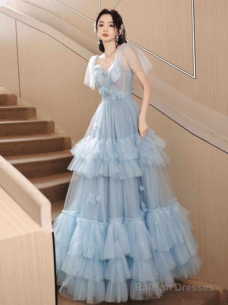 A-Line Tulle Blue Long Prom Dress, Blue Tulle Long Evening Formal Dress Main image