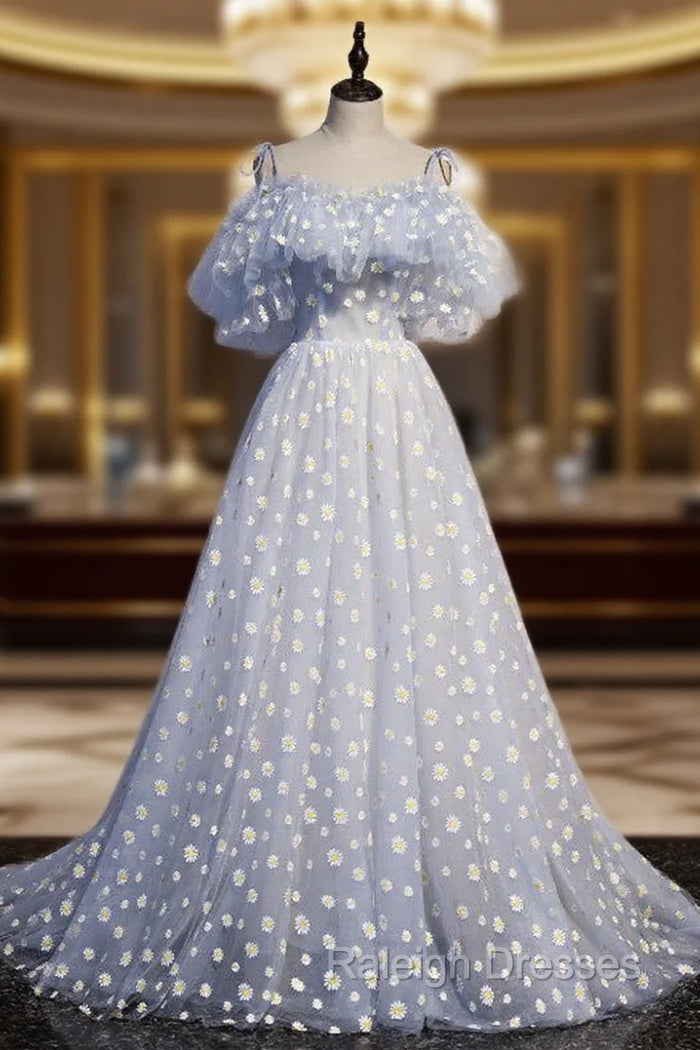 A-line Tulle Blue Off Shoulder Prom Dresses, Long Evening Dresses Party Dresses