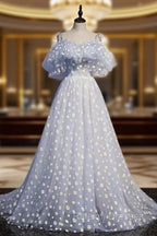 A Line Tulle Blue Off Shoulder Prom Dress Long Prom Dress