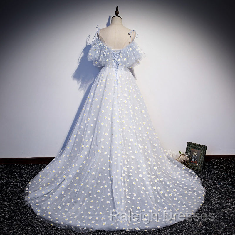A Line Tulle Blue Off Shoulder Prom Dress Long Prom Dress