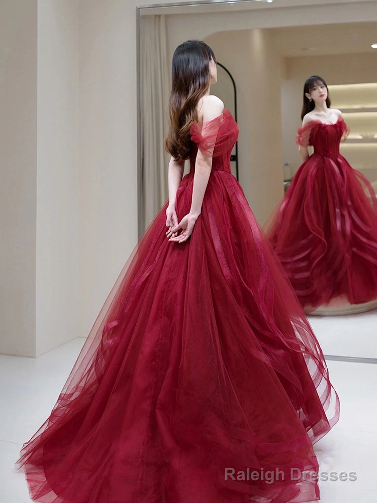 A-Line Tulle Burgundy Long Prom Dress, Burgundy Formal Dress Secondary image