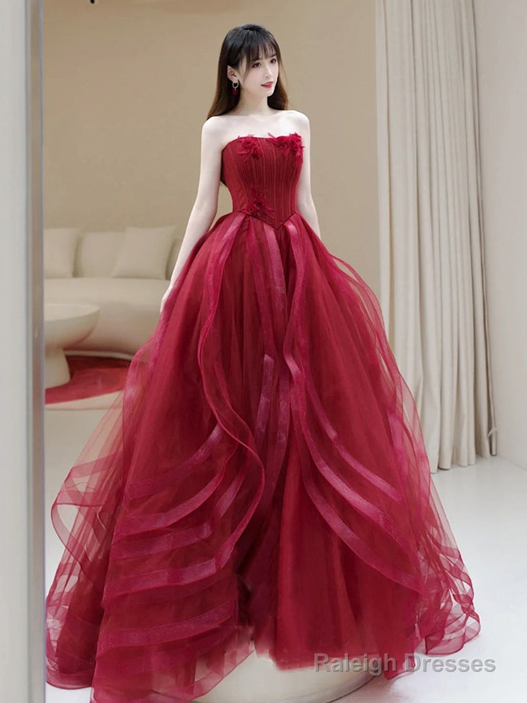A-Line Tulle Burgundy Long Prom Dress, Burgundy Formal Dress Main image