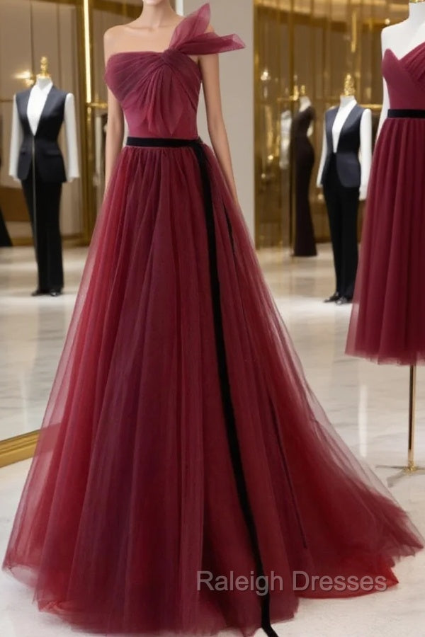 A-Line Tulle Burgundy Long Prom Dress, Burgundy Formal Evening Dress
