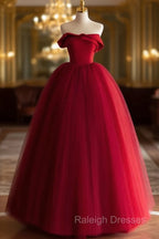 A-Line Tulle Burgundy Long Prom Dress, Burgundy Long Formal Dress