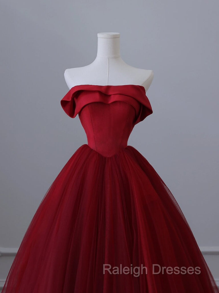 A-Line Tulle Burgundy Long Prom Dress, Tulle Burgundy Long Formal Dress
