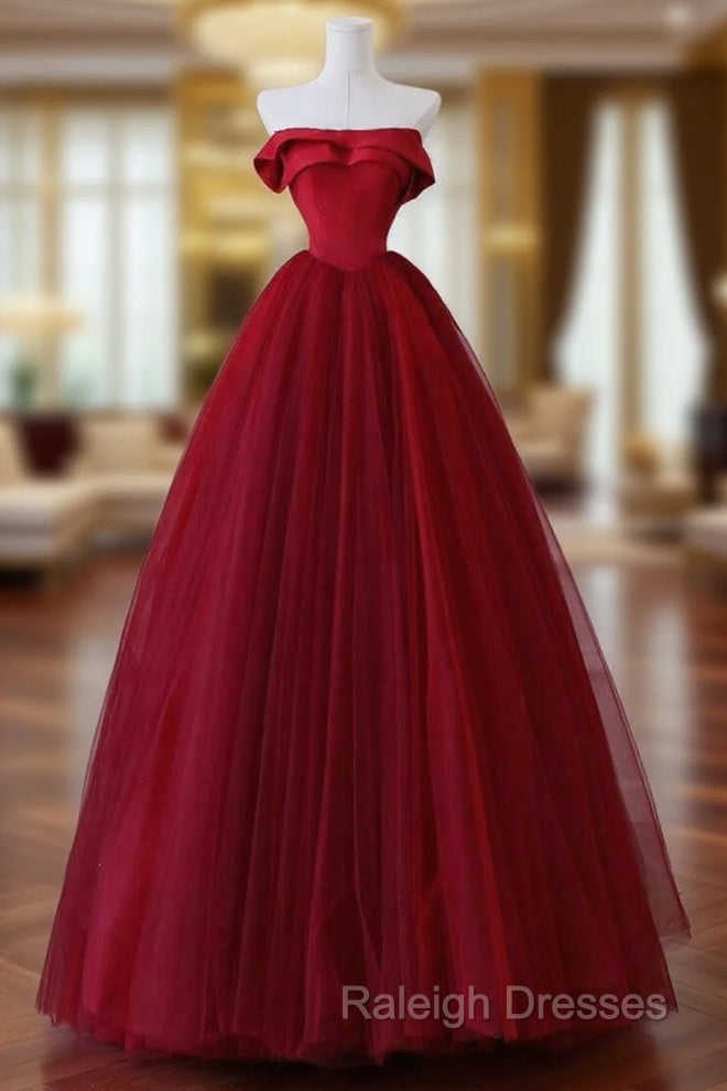 A-Line Tulle Burgundy Long Prom Dress, Tulle Burgundy Long Formal Dress Main image