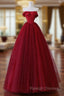 A-Line Tulle Burgundy Long Prom Dress, Tulle Burgundy Long Formal Dress