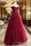 A-Line Tulle Burgundy Long Prom Dress, Tulle Long Formal Dress