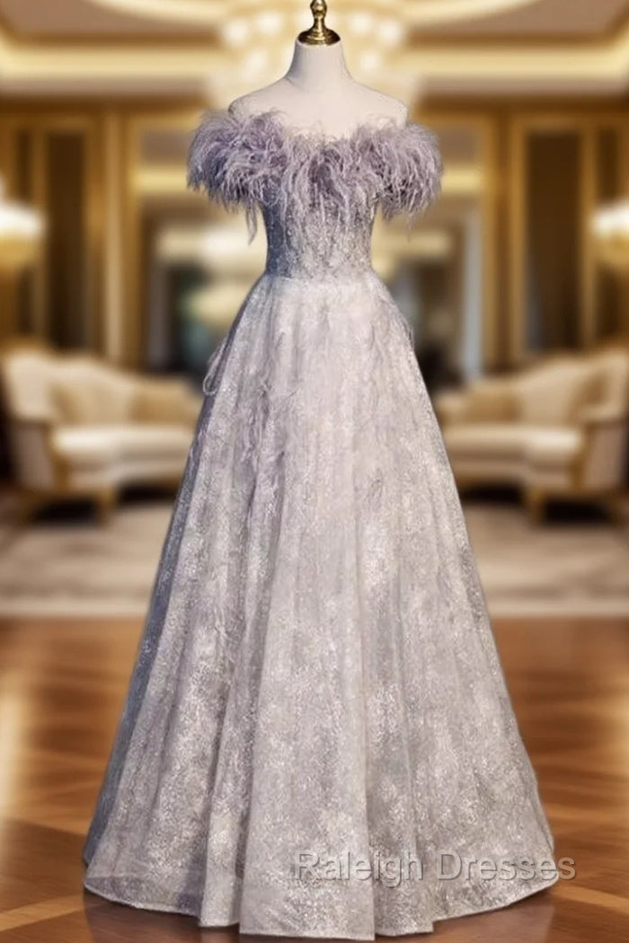A Line Tulle Feather Beading Prom Dresses