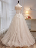 A Line Tulle Flower Light Champagne Long Prom Dresses, Shiny Formal Dresses