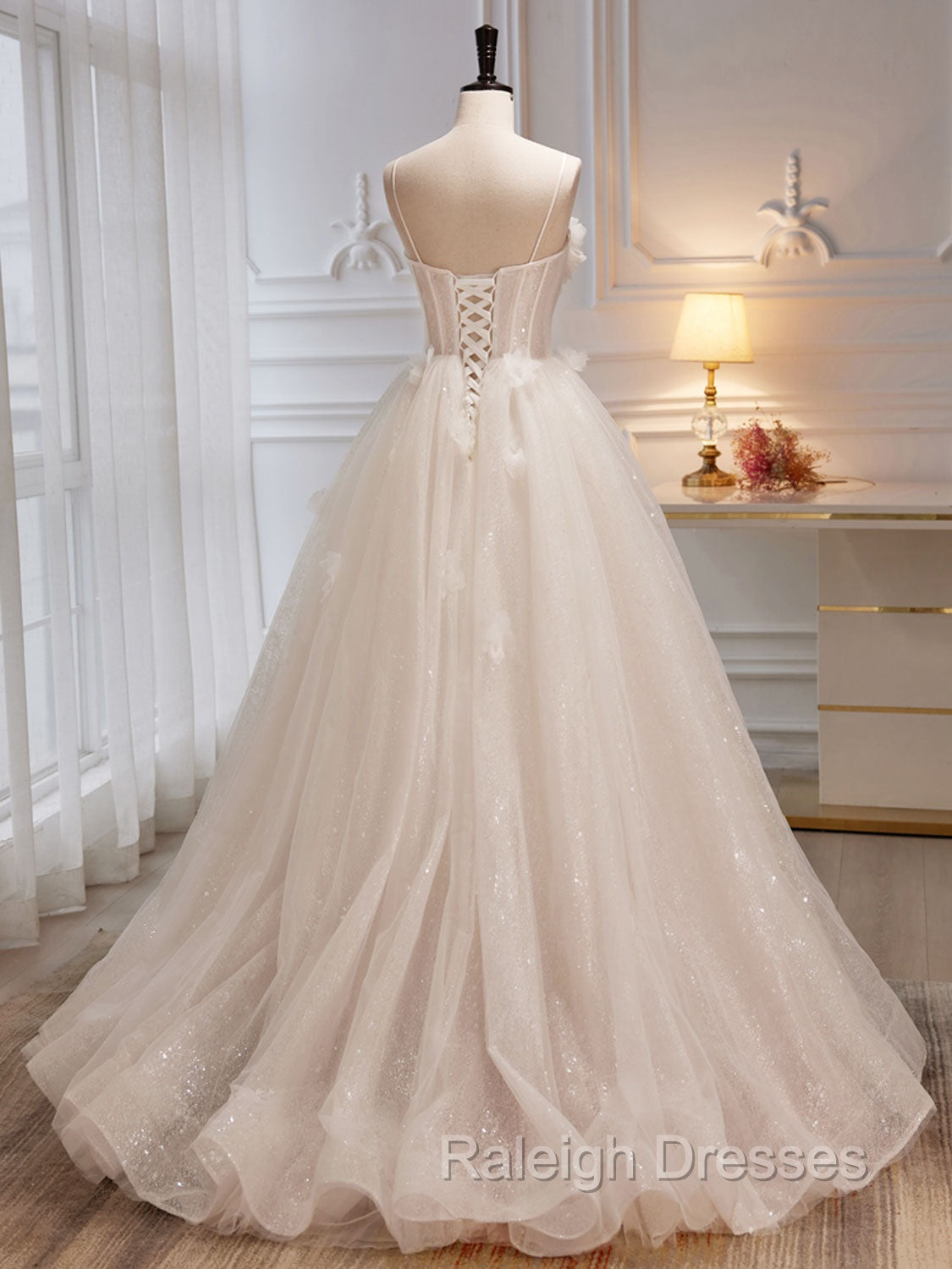 A Line Tulle Flower Light Champagne Long Prom Dresses, Shiny Formal Dresses