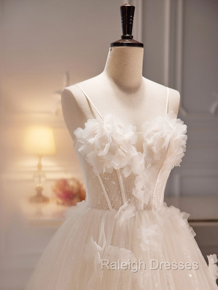 A Line Tulle Flower Light Champagne Long Prom Dresses, Shiny Formal Dresses