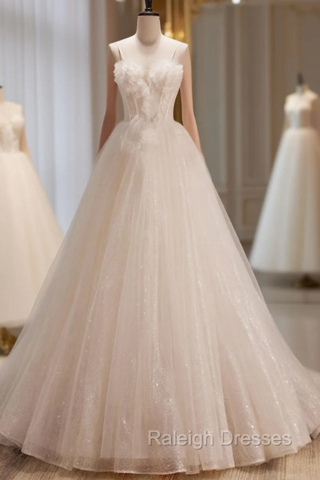 A Line Tulle Flower Light Champagne Long Prom Dresses, Shiny Formal Dresses
