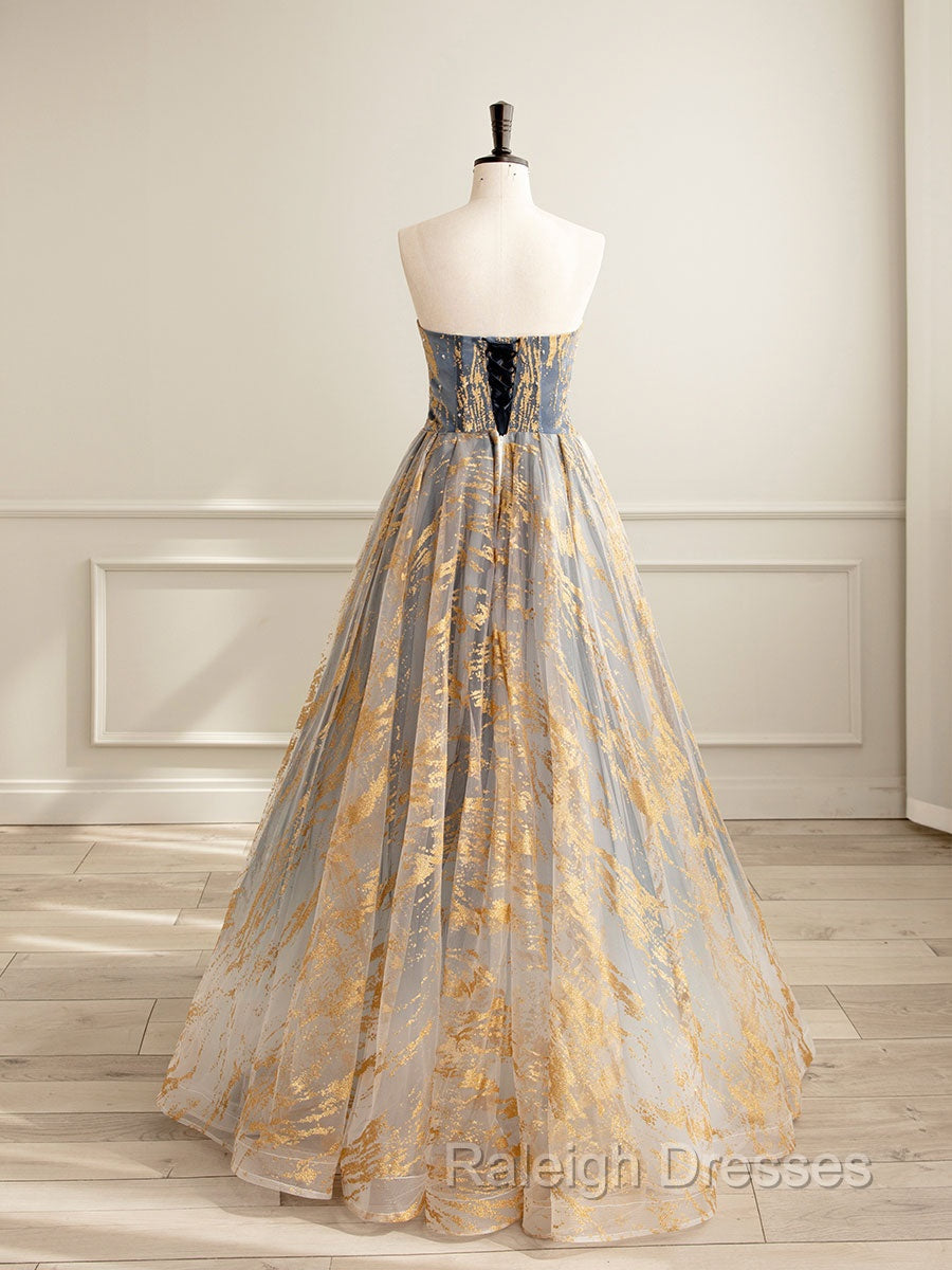 A-Line Tulle Gold/Blue Long Prom Dress, Blue Formal Evening Dress Secondary image